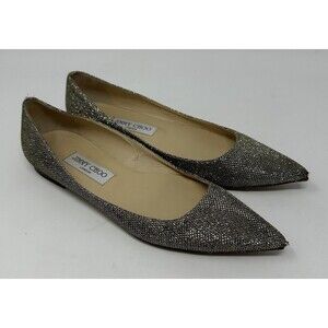 Jimmy Choo Alina Course Glitter Flats Women’s 38 ( US 8 ) Gold Pointed Toe READ